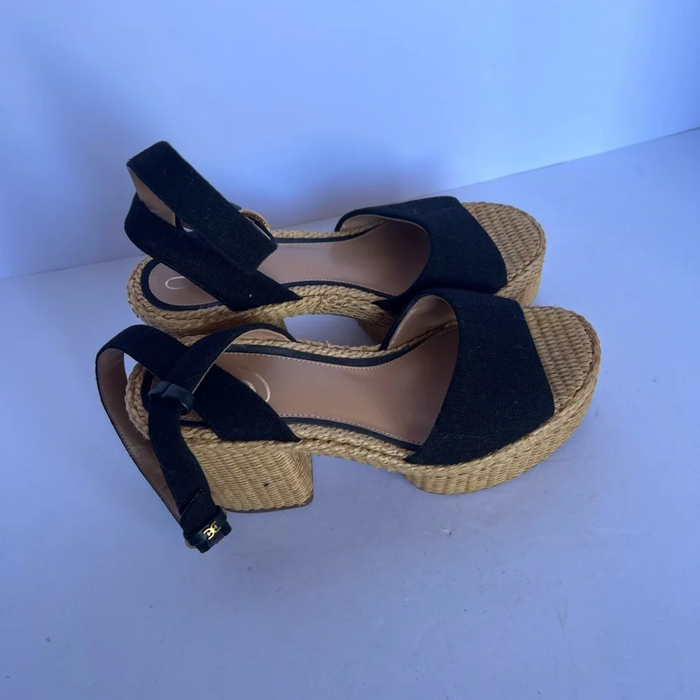 Sam Edelman Tan‎ Immie Black Woven Platform Ankle-Strap Heels